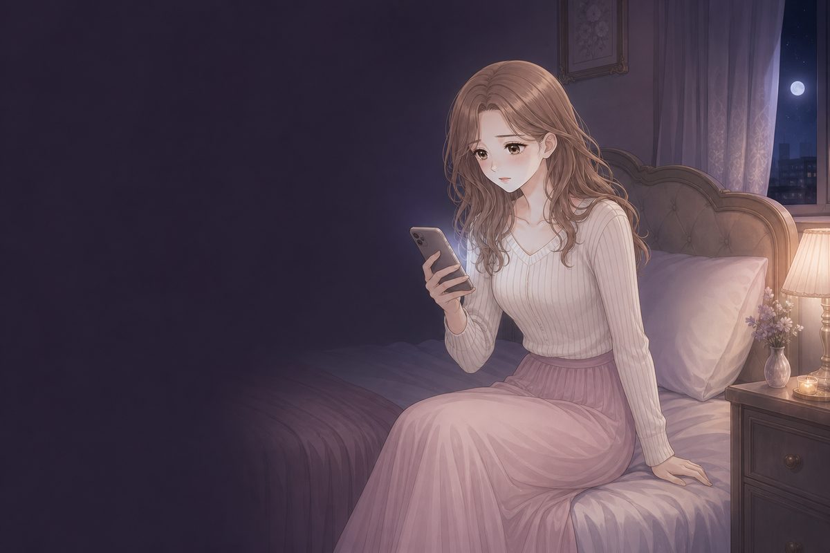 夜の寝室でスマートフォンを見つめ、不安そうに考え込む女性