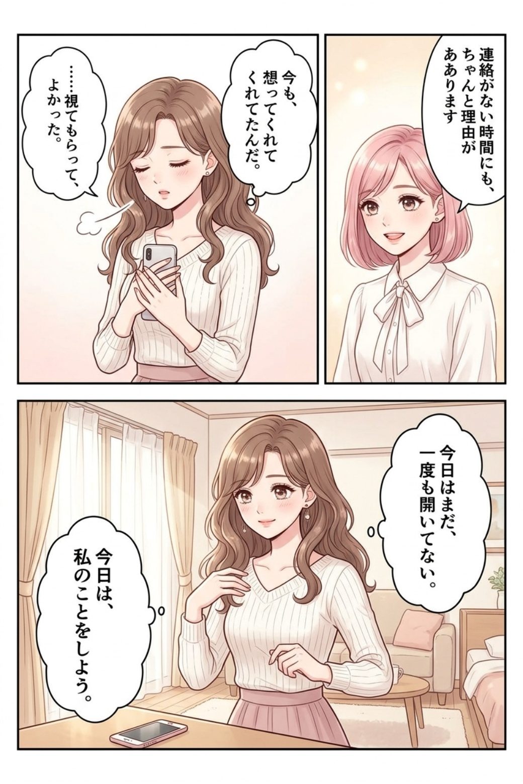 彼の気持ちを知って穏やかな時間を取り戻す女性の漫画