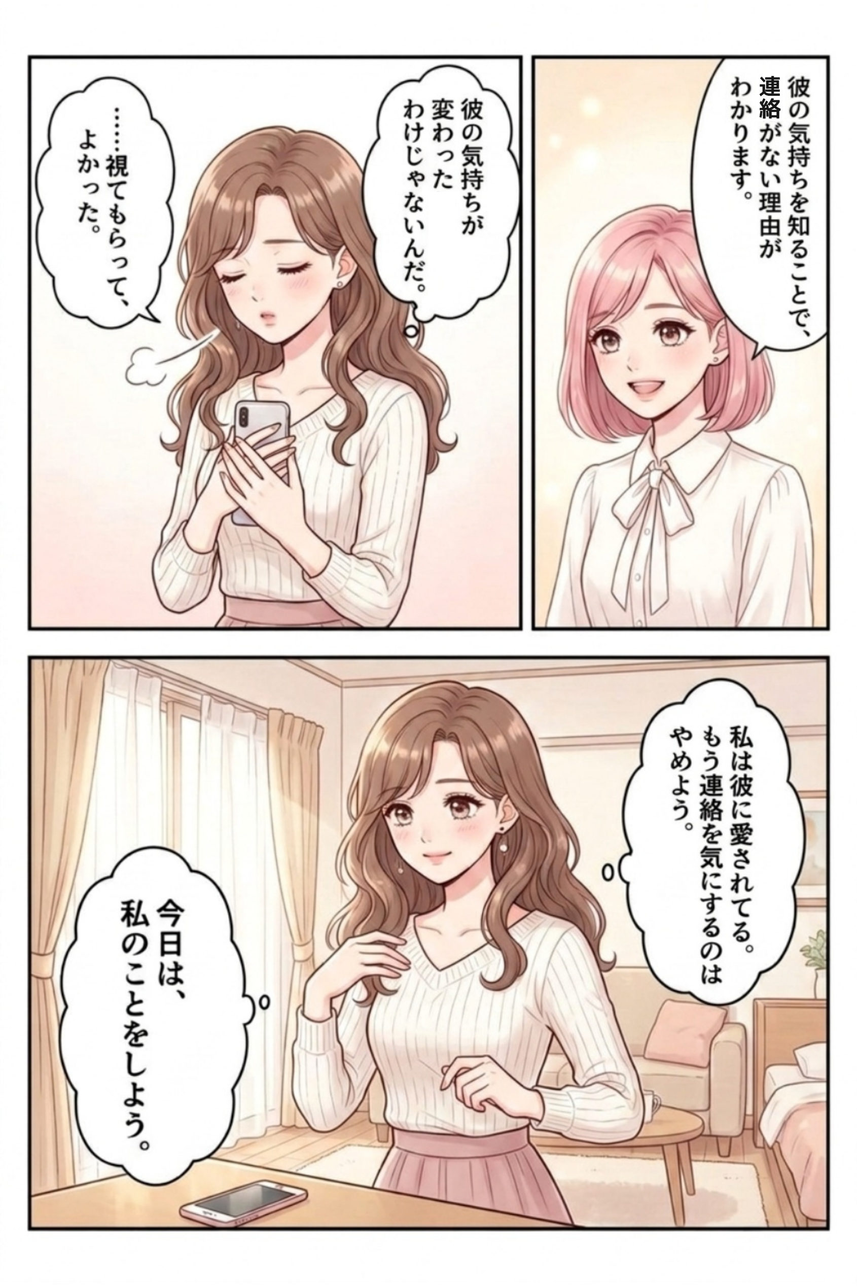 彼の気持ちを知って穏やかな時間を取り戻す女性の漫画